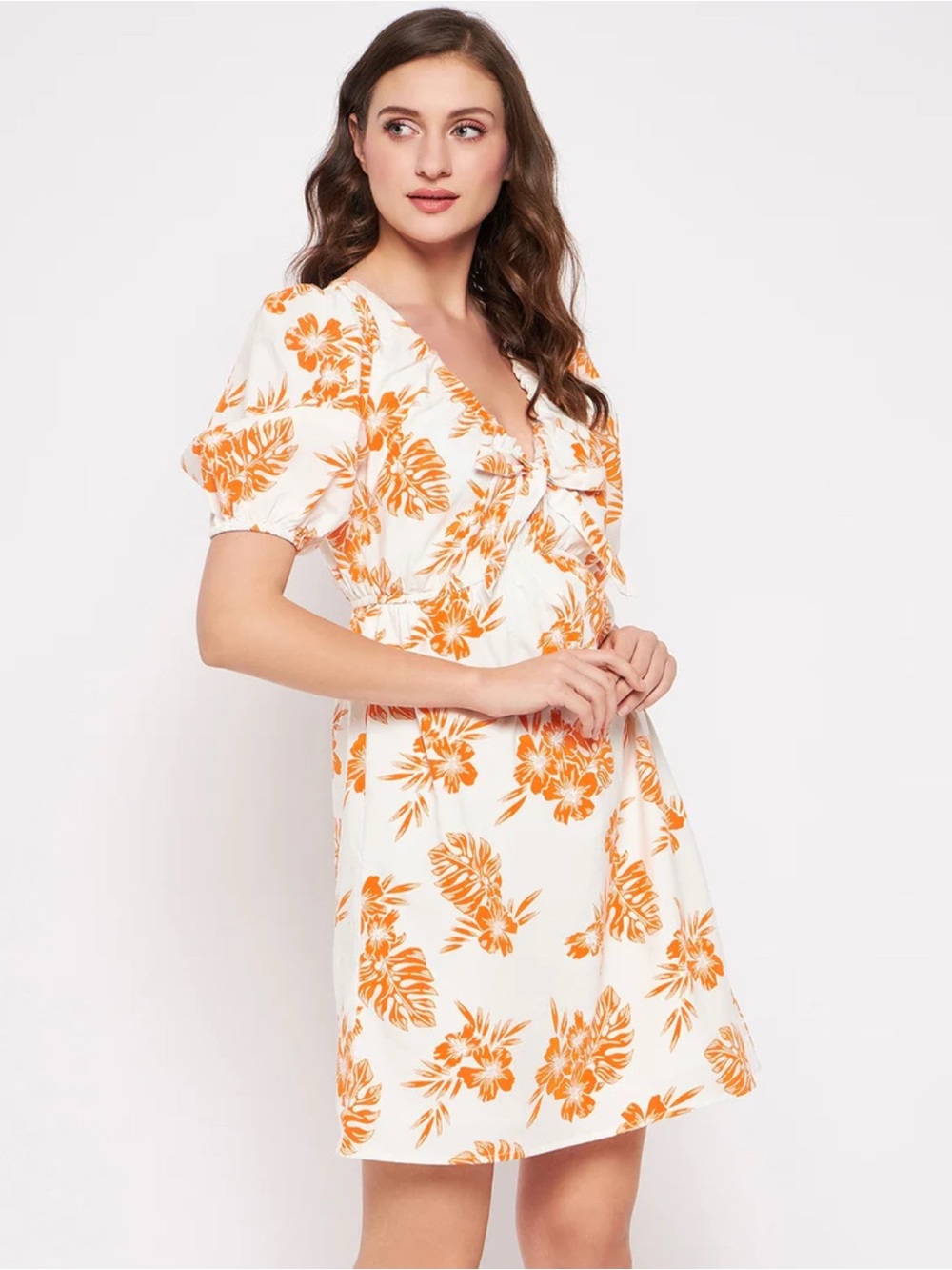 Sim & Sam tropical floral cotton dress tie-front and puff sleeve. Size M. Boho